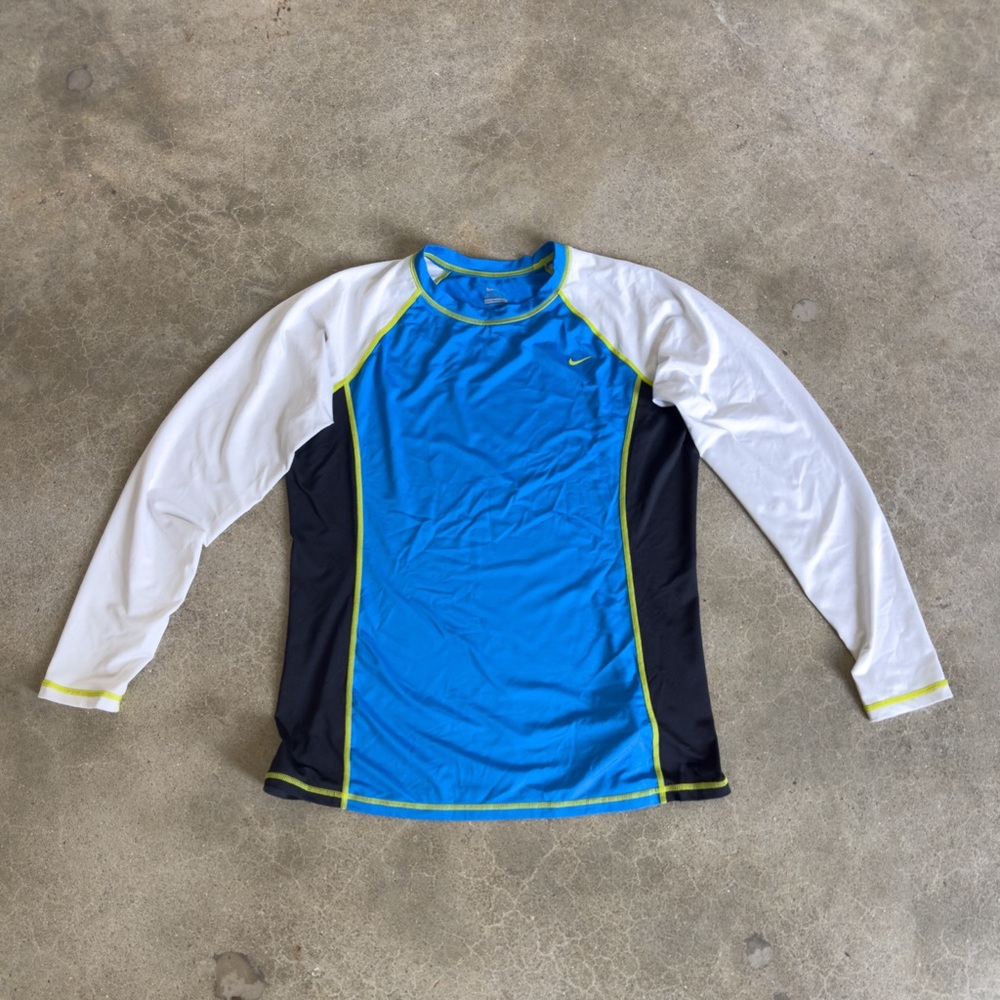 Women’s Nike Blue and White Long Sleeve Rash Guard Swim Top
